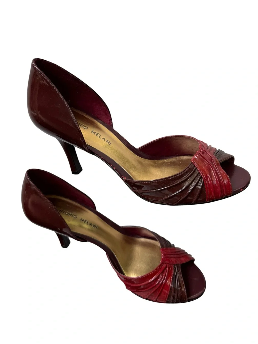 ANTONIO MELANI Burgundy Red Patent Leather D'Orsay Peep-Toe Heels Size 8.5 Voila
